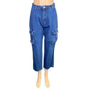 Shein Womens Denim Blue Jeans High Waist Cargo Pocket Mom Jeans Cropped XS